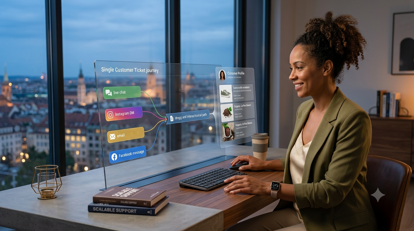 An e-commerce entrepreneur calmly managing a streamlined unified customer support screen during blue hour in a modern office.