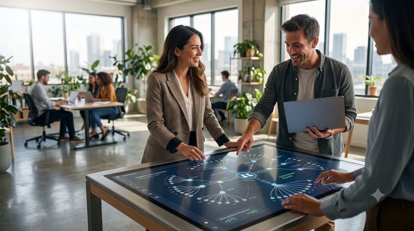 B2B professionals in a modern office collaborating around an interactive display showing an automated referral network.