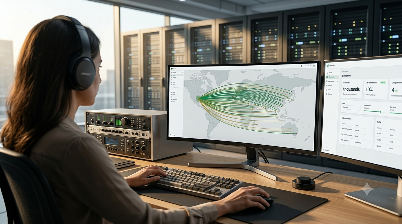 A premium 4K commercial advertisement photo taken in a data center during quiet morning. From an over-the-shoulder close-up, a developer wearing specialized headphones interacts with a sophisticated software interface on a curved widescreen monitor. Green and gold data streams indicating thousands of smooth, simultaneous AI-driven outbound calls connect globally on a simplified world map, visualized to highlight efficiency. A secondary monitor confirms optimized parameters like 'thousands' of concurrent connections and low latency metrics. The developer's focused expression and hands on a mechanical keyboard are in realistic detail with natural textures. The expansive, softly blurred data center background creates scale and professional application. High dynamic range, DSLR quality, and cinematic depth of field define the professional advertising composition.