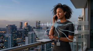 A professional woman on a modern high-rise city balcony using a smartphone, showing a creative abstract representation of a voice AI waveform branching into operational data connections.