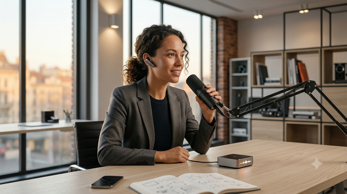 An ultra-realistic image of a businesswoman interacting with a professional microphone in a dynamic tech lab, representing how Vapi.ai re-engineered real-time voice AI for sub-500ms latency on SmartRepl.com.