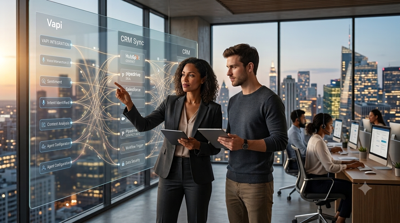An ultra-realistic 4K luxury commercial photograph from a slightly elevated side perspective inside a sleek, premium high-rise corporate office during twilight. A confident female operations leader and her male colleague stand near a large floor-to-ceiling glass panel, holding tablets and reviewing an integrated data synchronization layout. The panel displays crisp, clean data mapping connections from 'Vapi' voice metrics—like sentiment and intent—seamlessly linking directly into structured CRM modules. In the warm golden hour background, other professional team members work diligently at modern workstations with headsets, with a glittering major city skyline visible through the windows. The atmosphere is highly sophisticated, productive, and technologically advanced.
