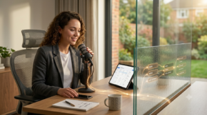 A professional using a microphone with a live data visualization updating CRM records in real-time.