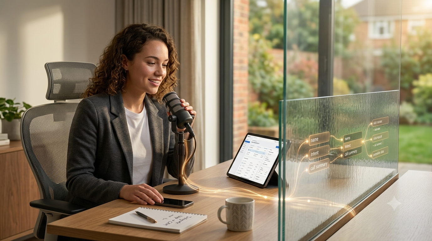 A professional using a microphone with a live data visualization updating CRM records in real-time.