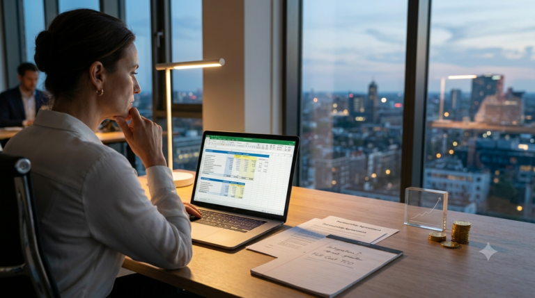 A senior technology director reviews software evaluation frameworks and ROI metrics in a modern corporate boardroom.