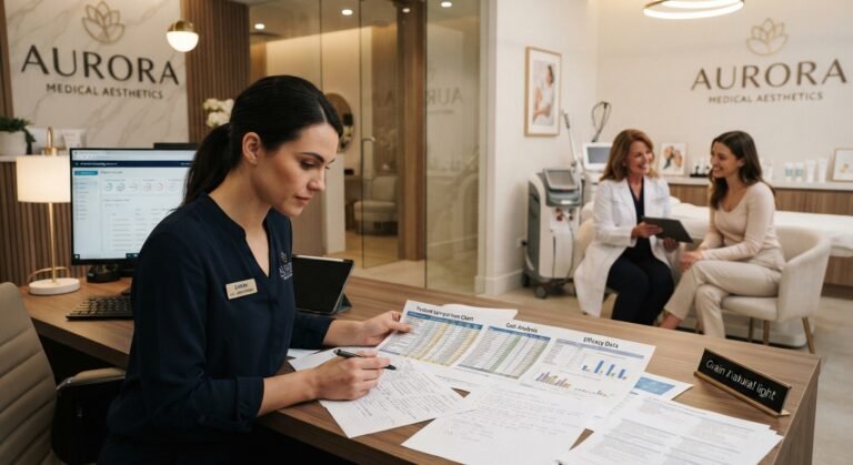 Clinic administrator reviewing software comparison documents while a clinician provides uninterrupted patient care in a modern medical spa.