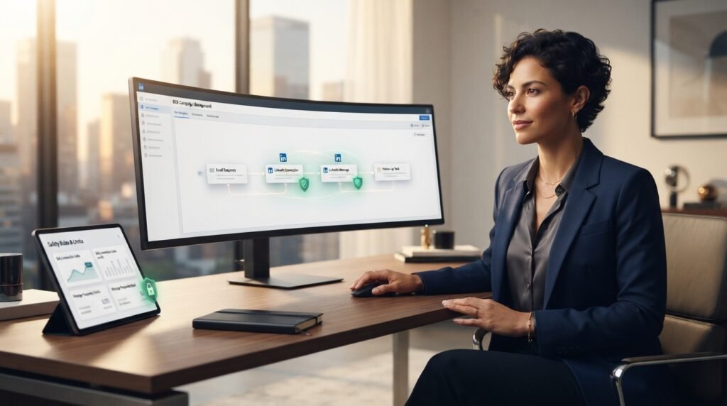 Abstract illustration showing multichannel sales workflow connecting email and LinkedIn automation with security risks