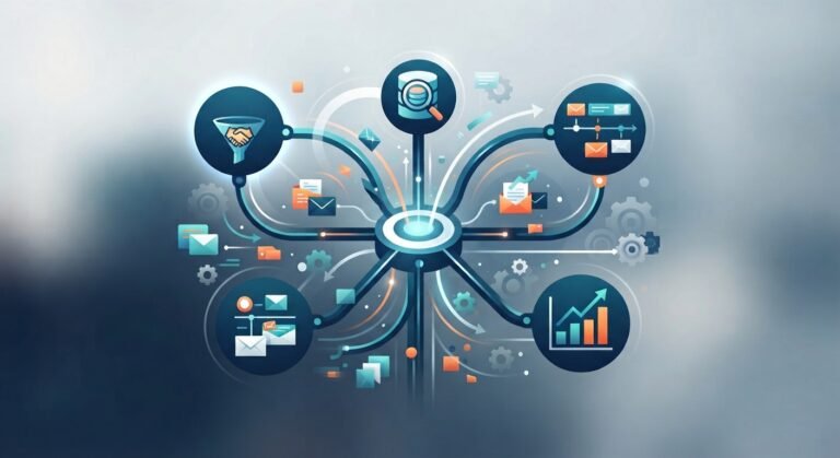 Conceptuele illustratie van B2B lead generation platforms en gegevensintegratie voor outbound sales agencies