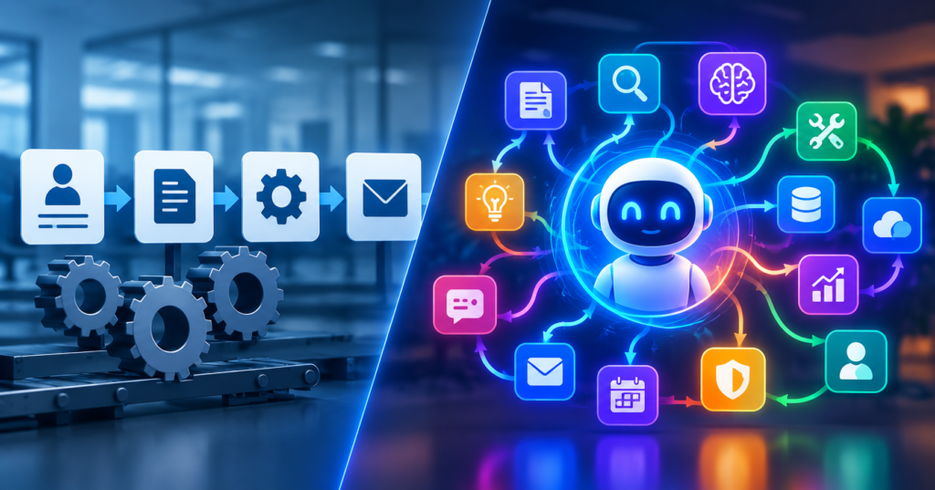 Visual comparison of workflow automation: the transition from traditional linear processes to AI-native agentic orchestration for the best workflow automation software in 2026.