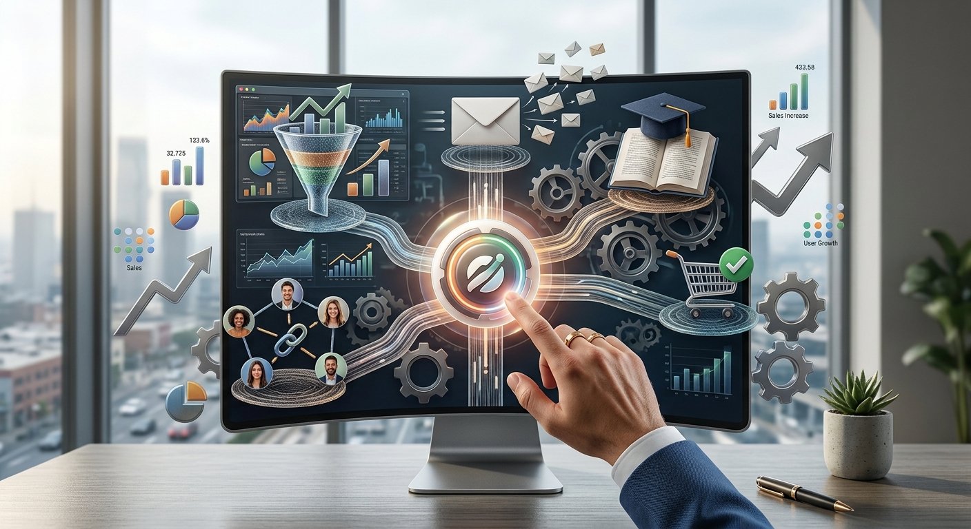 A computer display showing the Systeme.io marketing platform with visual elements for sales funnels, email campaigns, and online courses for the 2026 review.